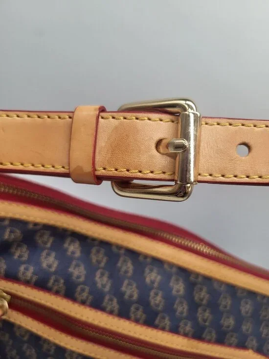 Dooney & Bourke Blue Denim Logo Brocade Shoulder Bag Brown Leather Red Interior - Picture 7 of 13